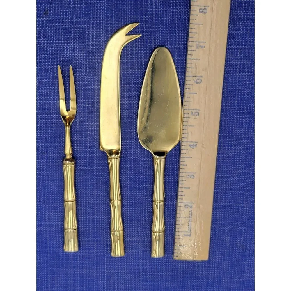 Vtg Gold Cane 3-Piece Cheese Serving Set Gold Electroplate Bamboo Design